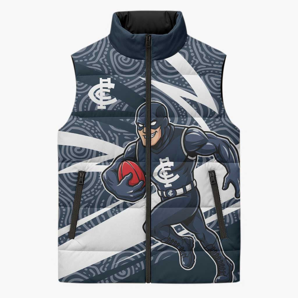 Carlton Blues Australian Football Sleeveless Puffer Jacket Superhero Mascot With Indigenous Pattern Art