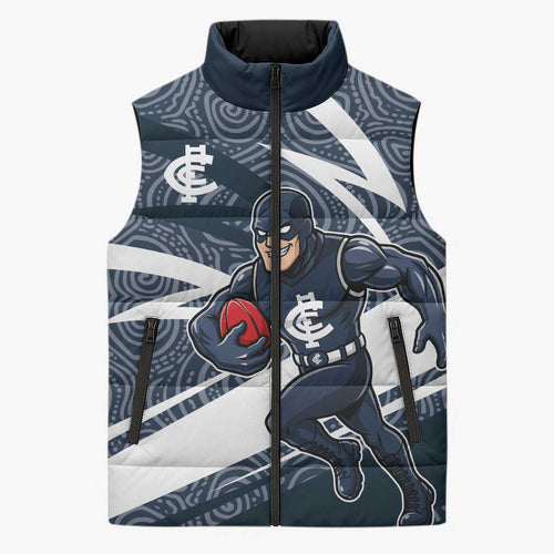 Carlton Blues Australian Football Sleeveless Puffer Jacket Superhero Mascot With Indigenous Pattern Art