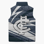 Carlton Blues Australian Football Sleeveless Puffer Jacket Superhero Mascot With Indigenous Pattern Art