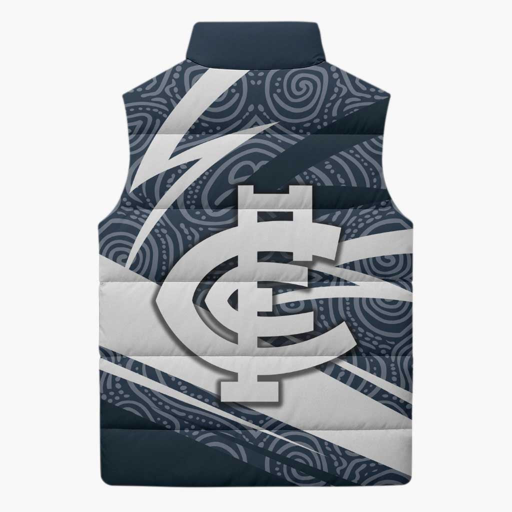 Carlton Blues Australian Football Sleeveless Puffer Jacket Superhero Mascot With Indigenous Pattern Art