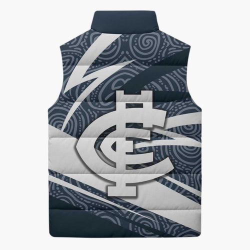 Carlton Blues Australian Football Sleeveless Puffer Jacket Superhero Mascot With Indigenous Pattern Art