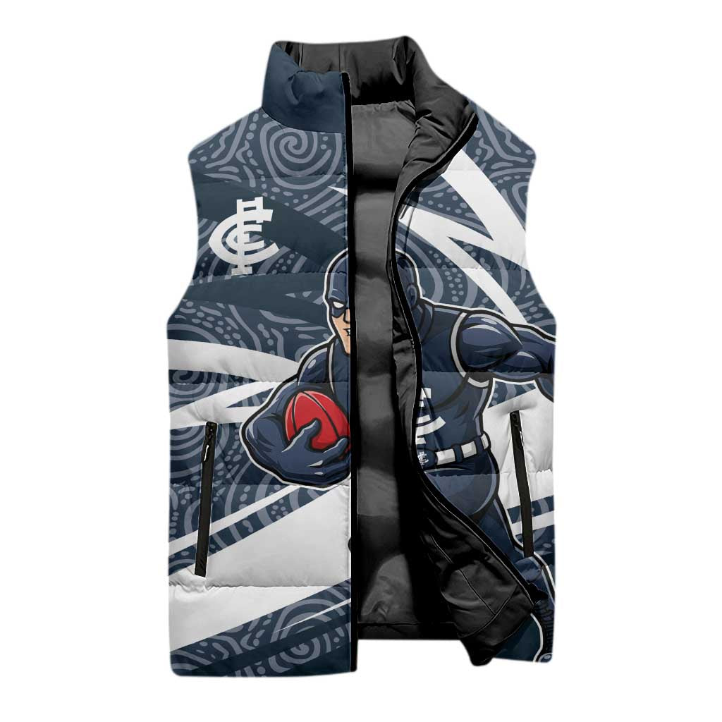 Carlton Blues Australian Football Sleeveless Puffer Jacket Superhero Mascot With Indigenous Pattern Art