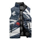 Carlton Blues Australian Football Sleeveless Puffer Jacket Superhero Mascot With Indigenous Pattern Art