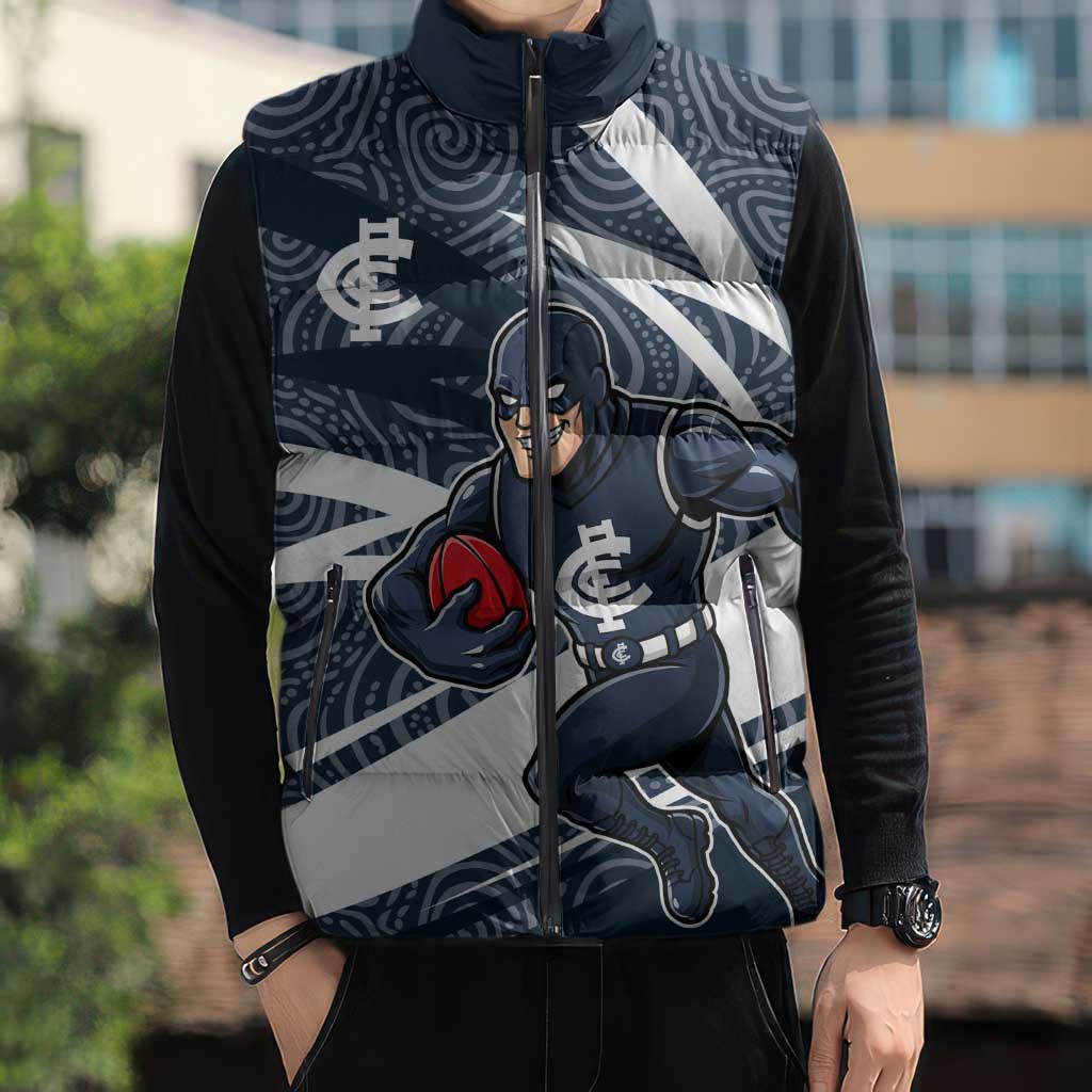 Carlton Blues Australian Football Sleeveless Puffer Jacket Superhero Mascot With Indigenous Pattern Art