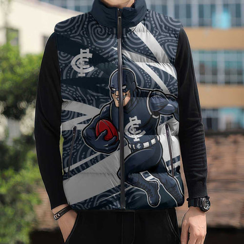 Carlton Blues Australian Football Sleeveless Puffer Jacket Superhero Mascot With Indigenous Pattern Art