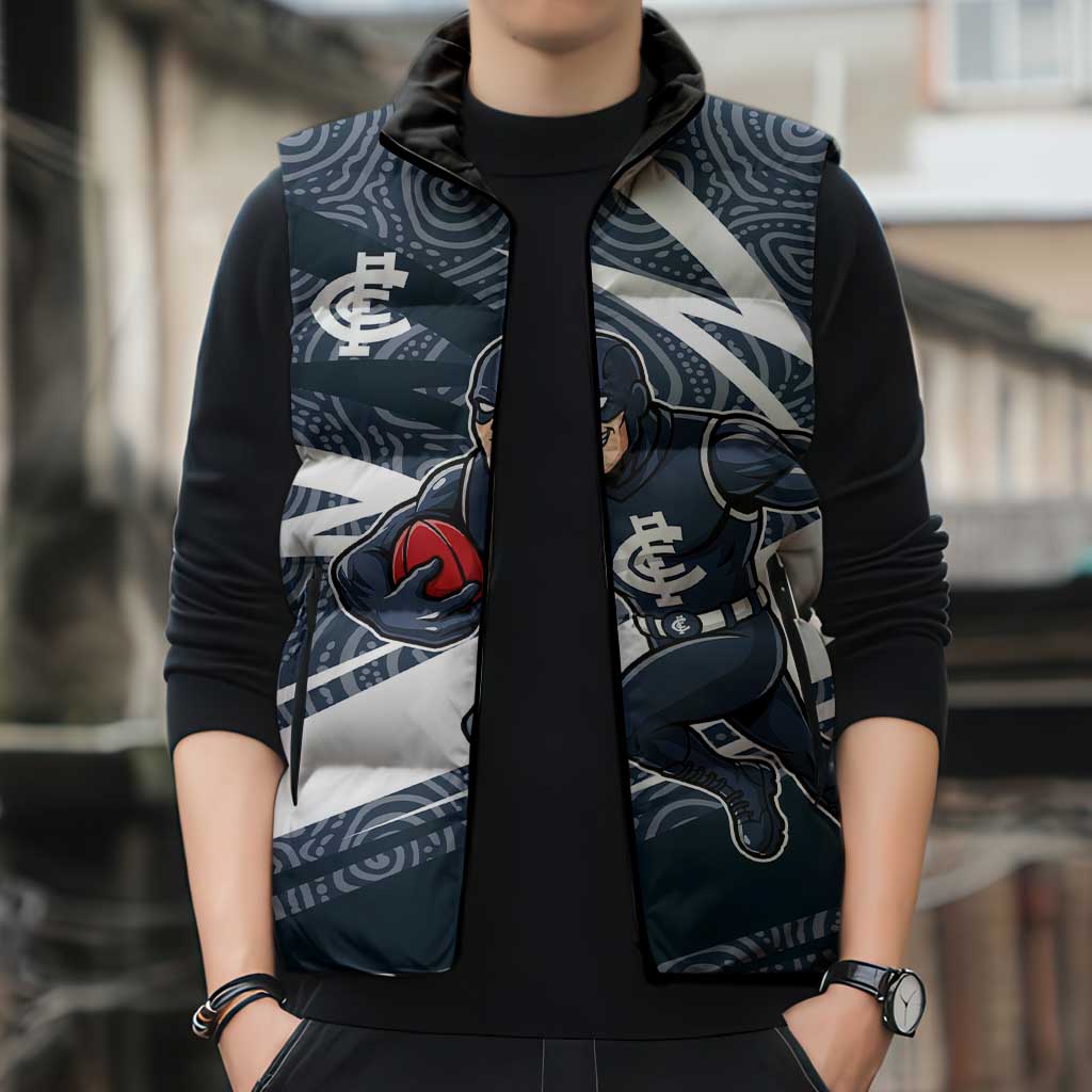 Carlton Blues Australian Football Sleeveless Puffer Jacket Superhero Mascot With Indigenous Pattern Art