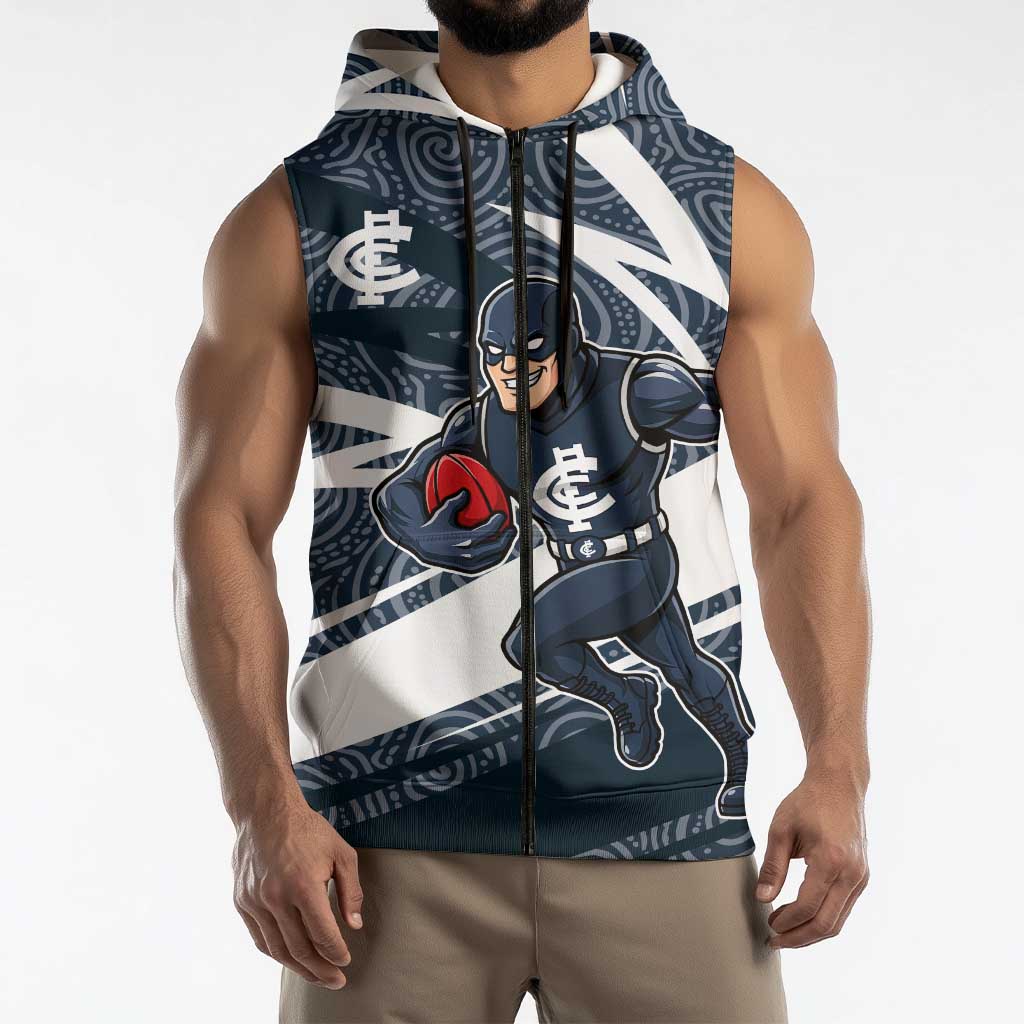 Carlton Blues Australian Football Sleeveless Zip Hoodie Superhero Mascot With Indigenous Pattern Art