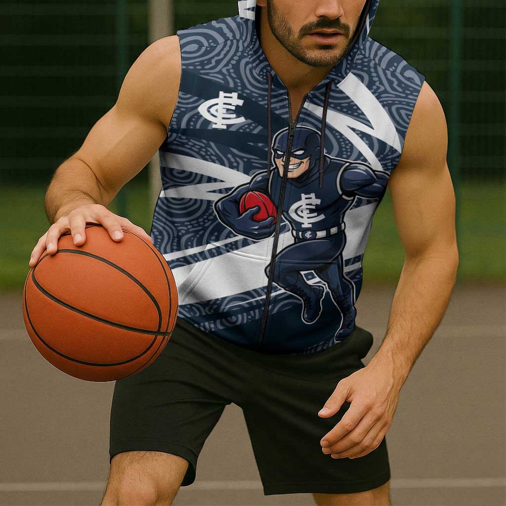 Carlton Blues Australian Football Sleeveless Zip Hoodie Superhero Mascot With Indigenous Pattern Art