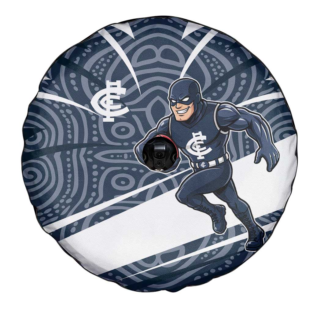 Carlton Blues Australian Football Spare Tire Cover Superhero Mascot With Indigenous Pattern Art