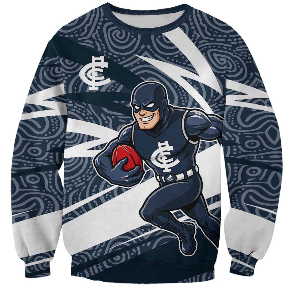 Carlton Blues Australian Football Sweatshirt Superhero Mascot With Indigenous Pattern Art