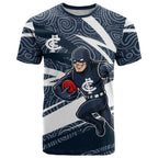 Carlton Blues Australian Football T Shirt Superhero Mascot With Indigenous Pattern Art