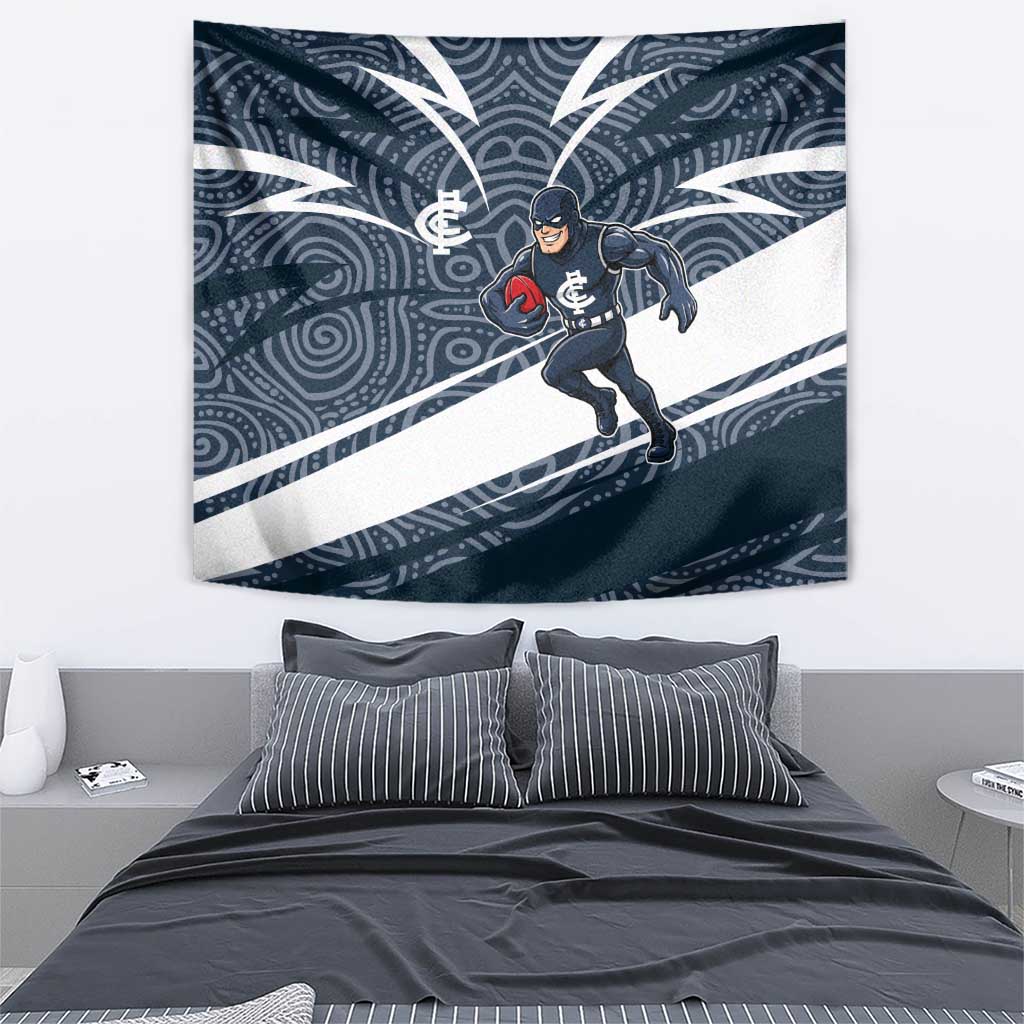 Carlton Blues Australian Football Tapestry Superhero Mascot With Indigenous Pattern Art