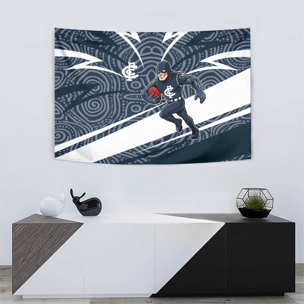 Carlton Blues Australian Football Tapestry Superhero Mascot With Indigenous Pattern Art