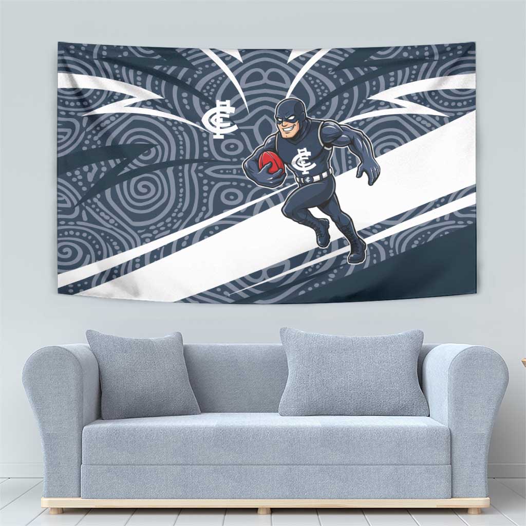 Carlton Blues Australian Football Tapestry Superhero Mascot With Indigenous Pattern Art