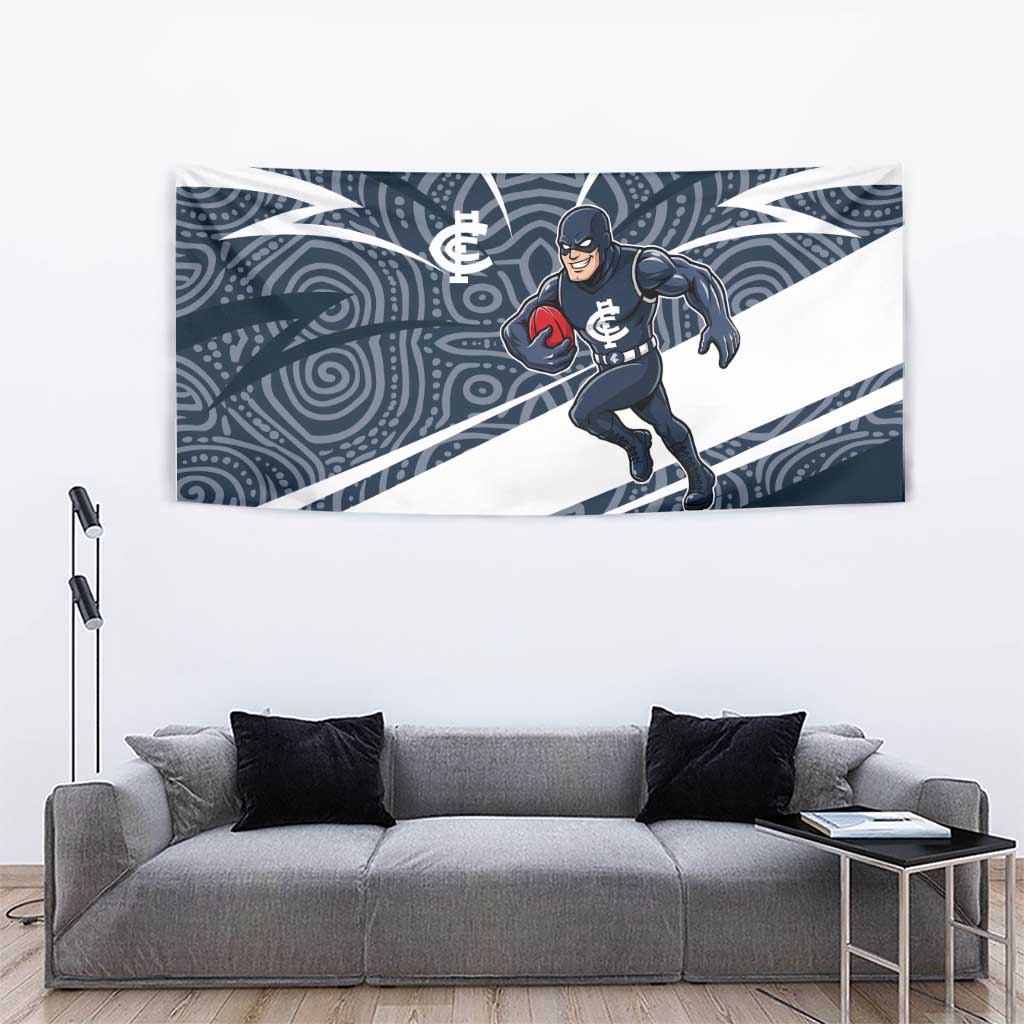 Carlton Blues Australian Football Tapestry Superhero Mascot With Indigenous Pattern Art