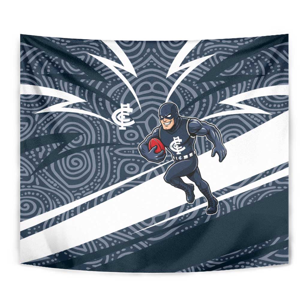Carlton Blues Australian Football Tapestry Superhero Mascot With Indigenous Pattern Art