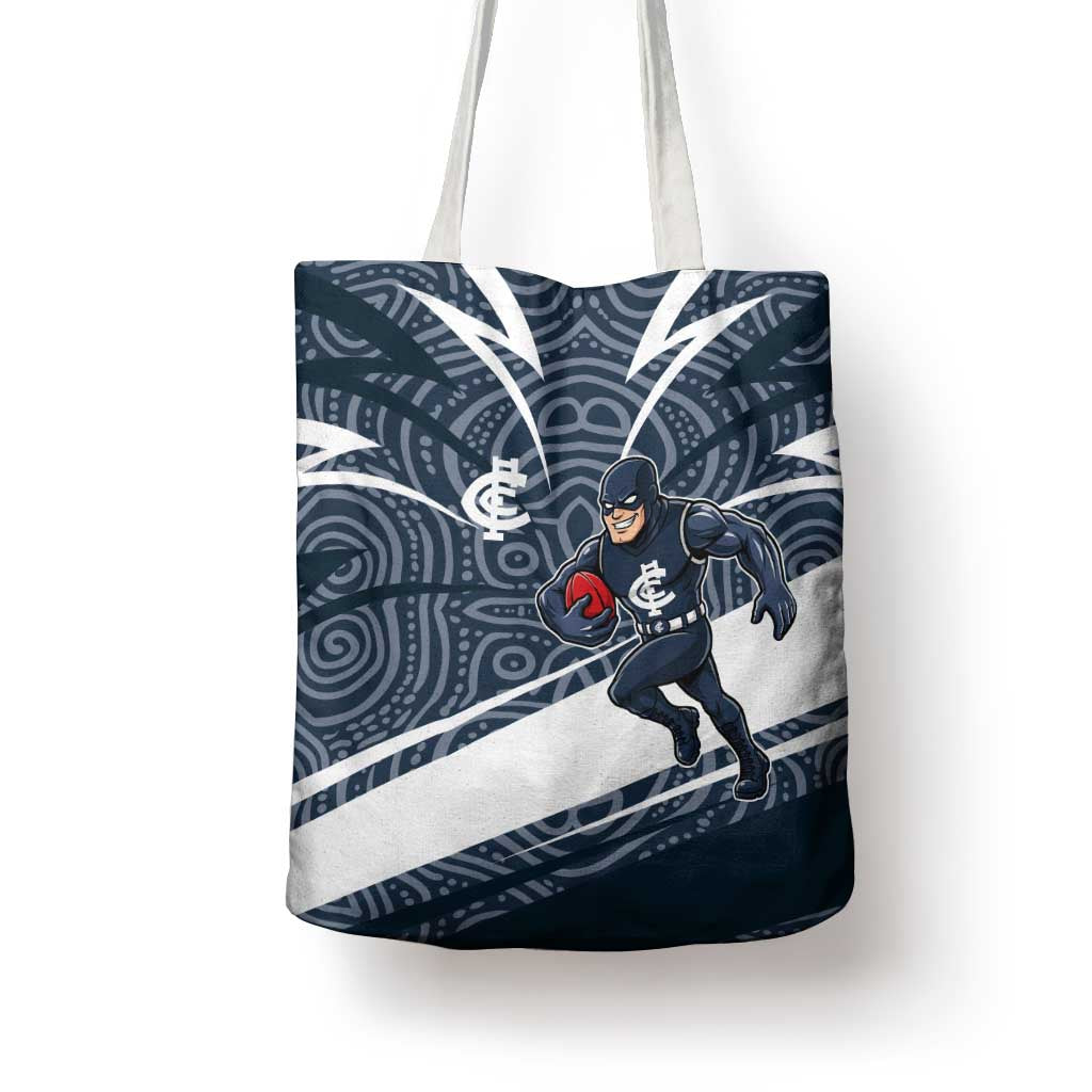 Carlton Blues Australian Football Tote Bag Superhero Mascot With Indigenous Pattern Art