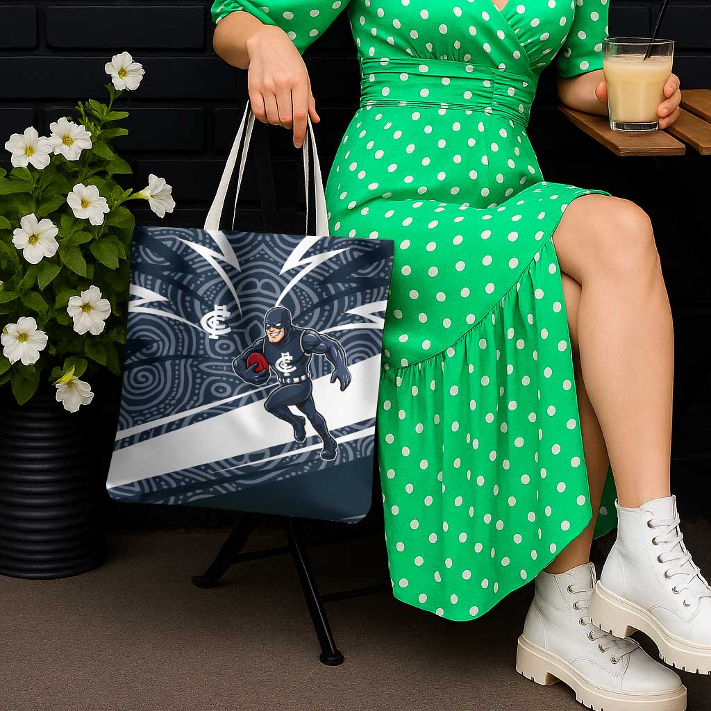 Carlton Blues Australian Football Tote Bag Superhero Mascot With Indigenous Pattern Art