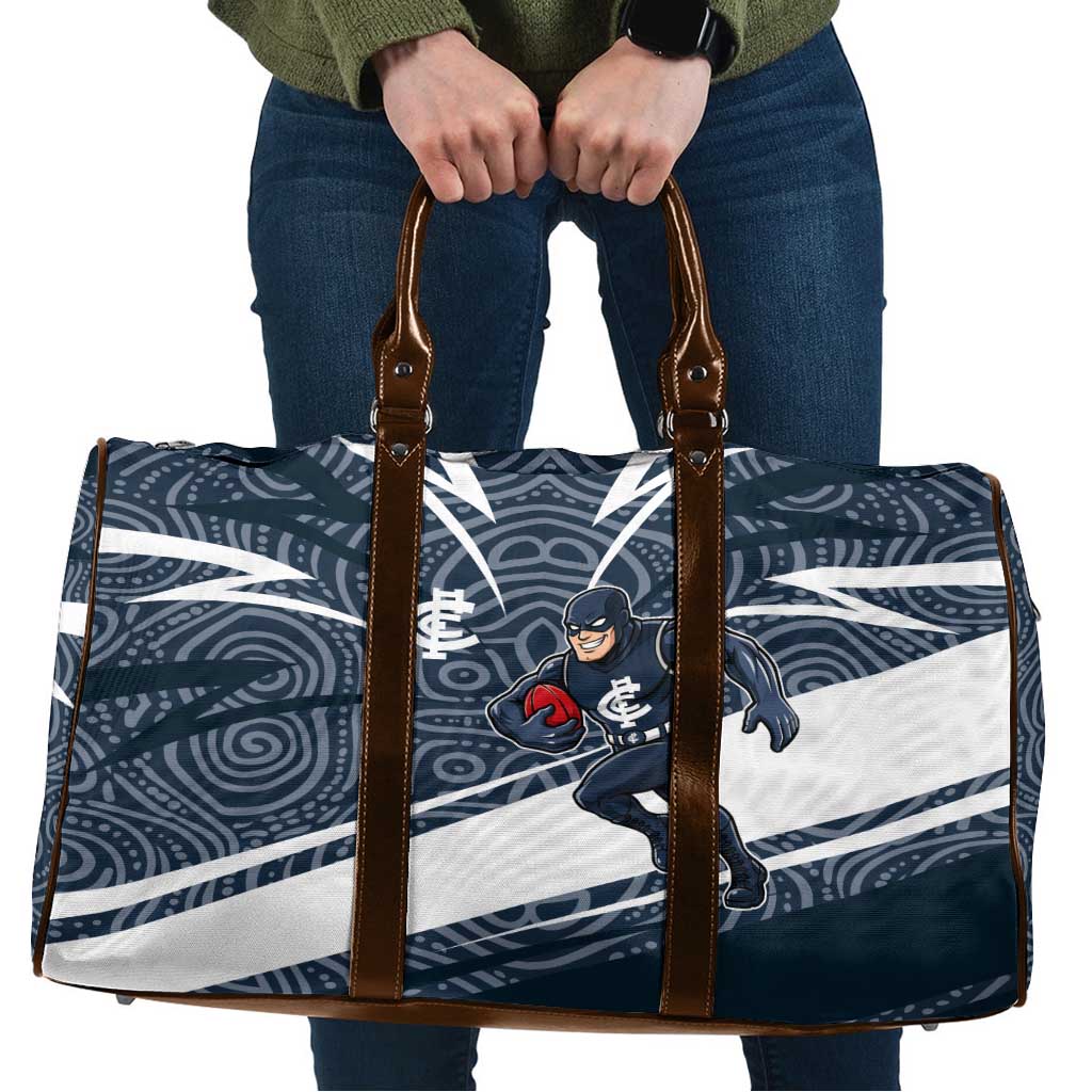 Carlton Blues Australian Football Travel Bag Superhero Mascot With Indigenous Pattern Art