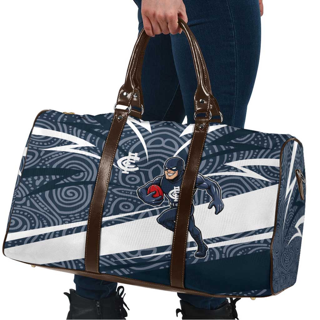 Carlton Blues Australian Football Travel Bag Superhero Mascot With Indigenous Pattern Art
