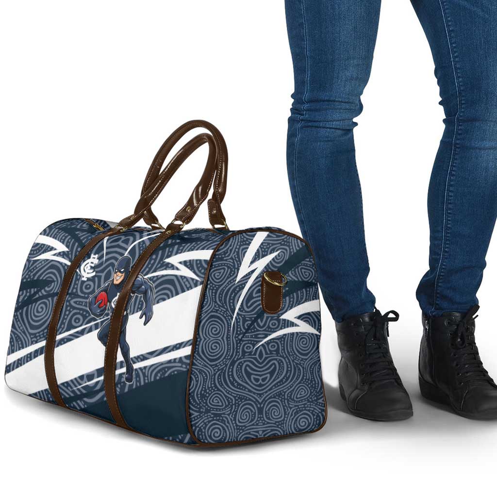 Carlton Blues Australian Football Travel Bag Superhero Mascot With Indigenous Pattern Art