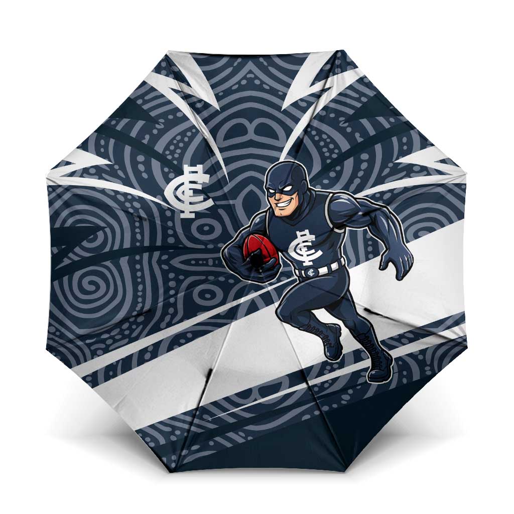 Carlton Blues Australian Football Umbrella Superhero Mascot With Indigenous Pattern Art