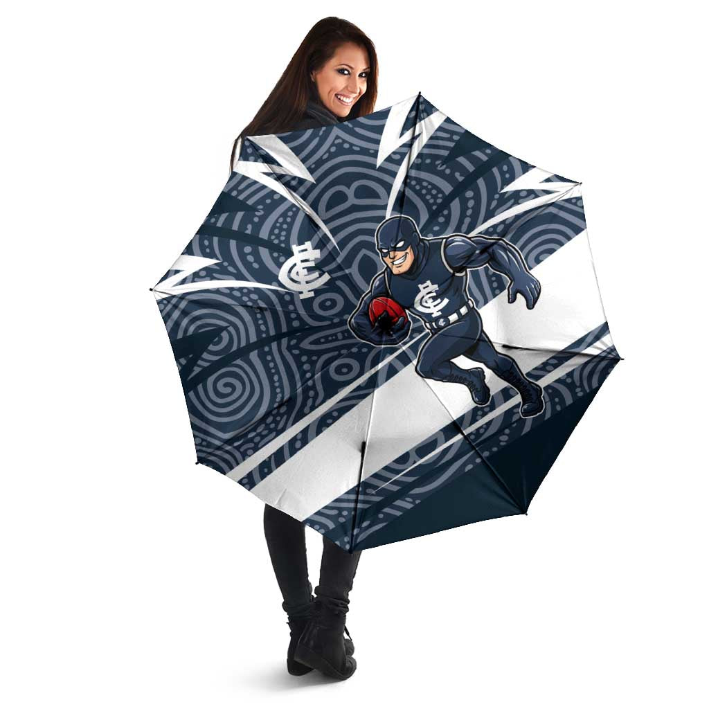 Carlton Blues Australian Football Umbrella Superhero Mascot With Indigenous Pattern Art