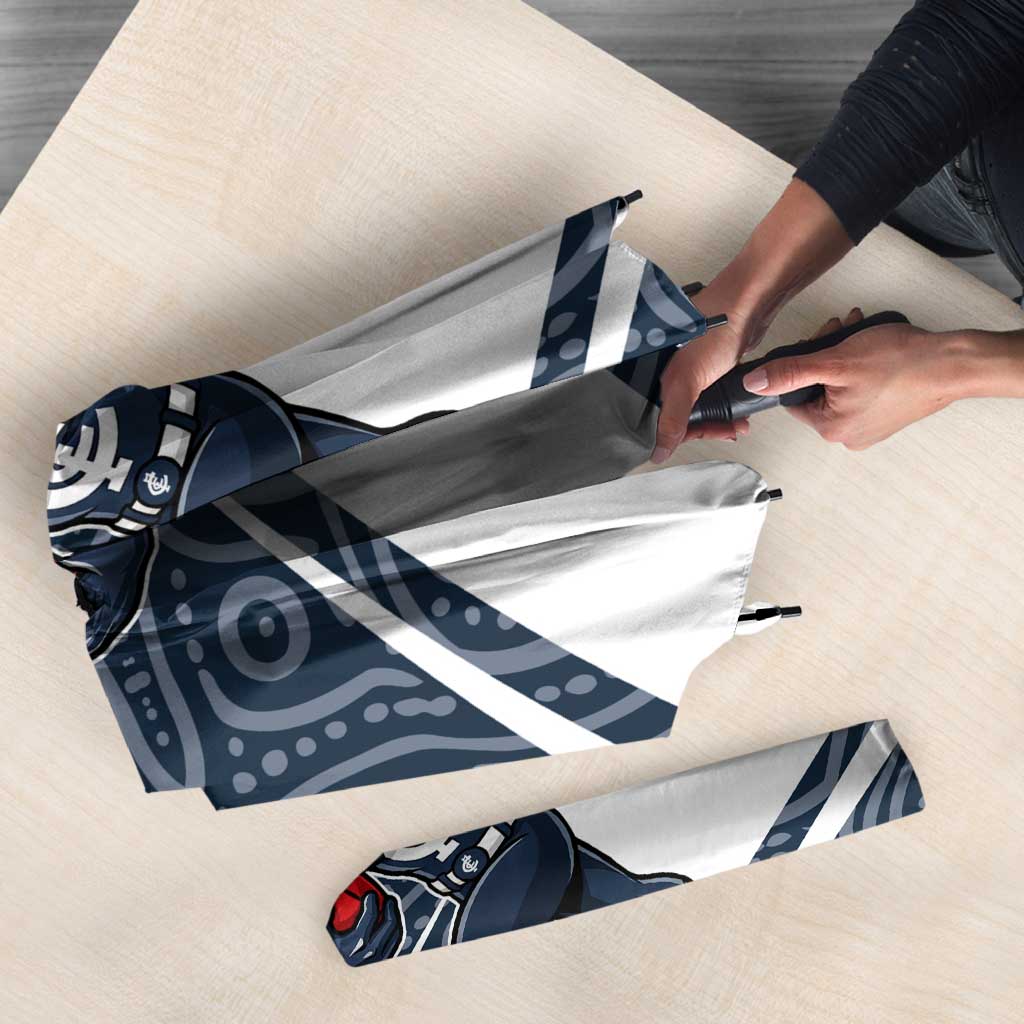 Carlton Blues Australian Football Umbrella Superhero Mascot With Indigenous Pattern Art