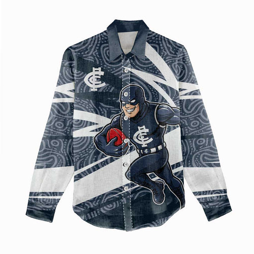 Carlton Blues Australian Football Women Casual Shirt Superhero Mascot With Indigenous Pattern Art