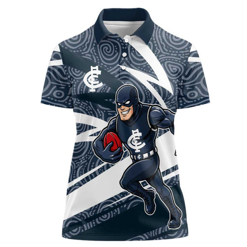 Carlton Blues Australian Football Women Polo Shirt Superhero Mascot With Indigenous Pattern Art