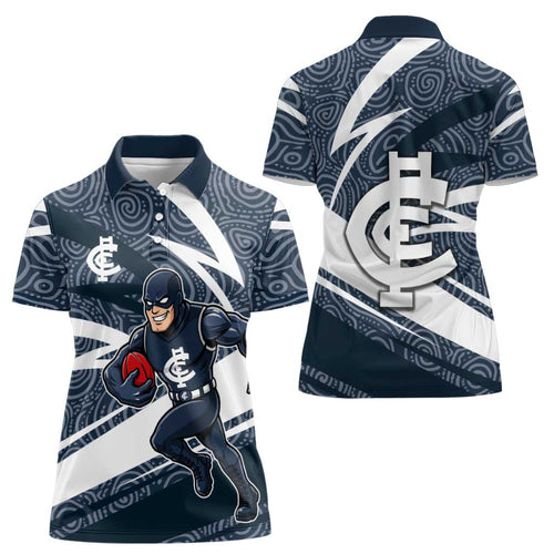 Carlton Blues Australian Football Women Polo Shirt Superhero Mascot With Indigenous Pattern Art