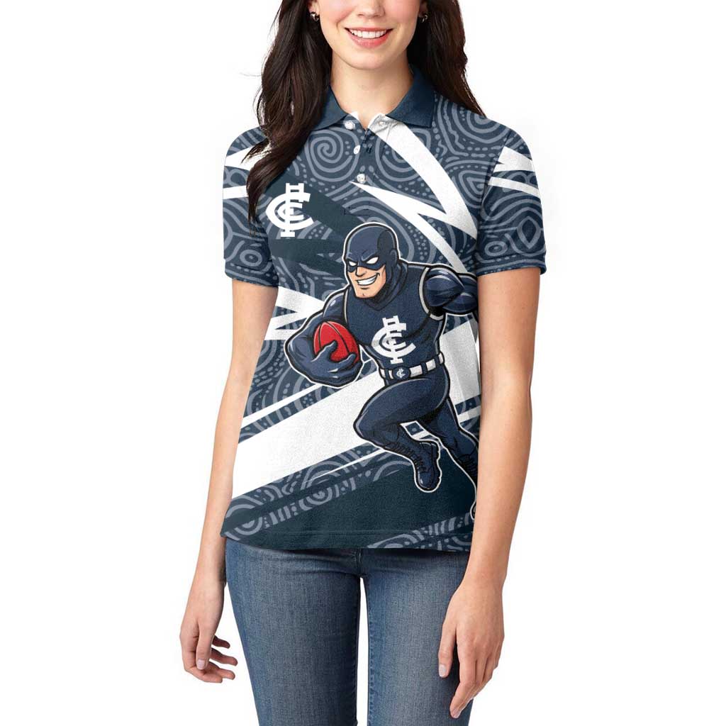 Carlton Blues Australian Football Women Polo Shirt Superhero Mascot With Indigenous Pattern Art