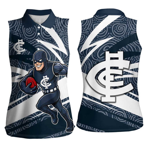 Carlton Blues Australian Football Women Sleeveless Polo Shirt Superhero Mascot With Indigenous Pattern Art