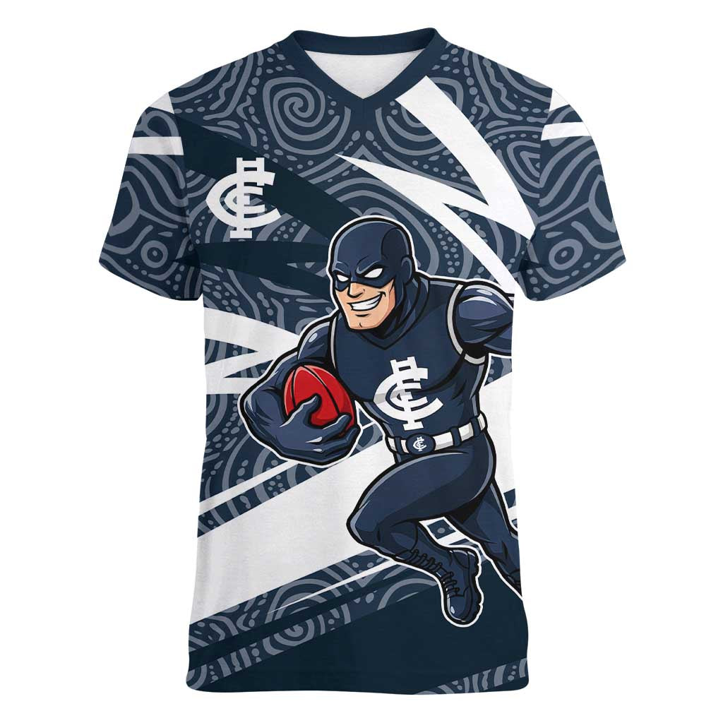 Carlton Blues Australian Football Women V-Neck T-Shirt Superhero Mascot With Indigenous Pattern Art