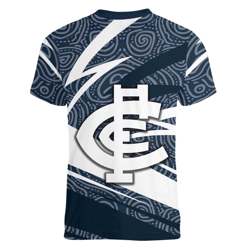 Carlton Blues Australian Football Women V-Neck T-Shirt Superhero Mascot With Indigenous Pattern Art