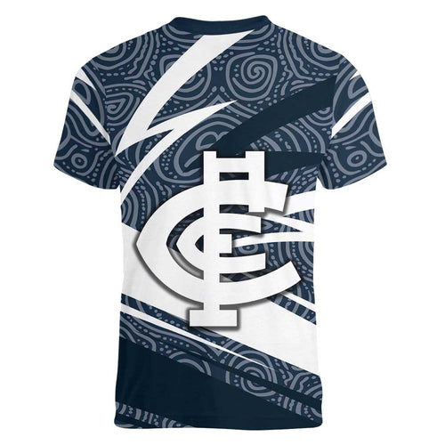 Carlton Blues Australian Football Women V-Neck T-Shirt Superhero Mascot With Indigenous Pattern Art