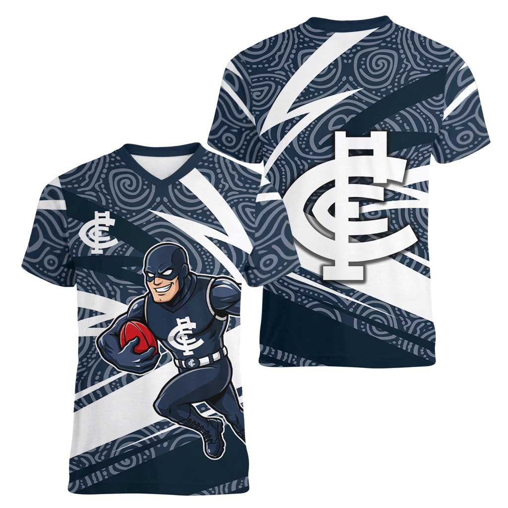 Carlton Blues Australian Football Women V-Neck T-Shirt Superhero Mascot With Indigenous Pattern Art