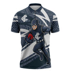 Carlton Blues Australian Football Zipper Polo Shirt Superhero Mascot With Indigenous Pattern Art