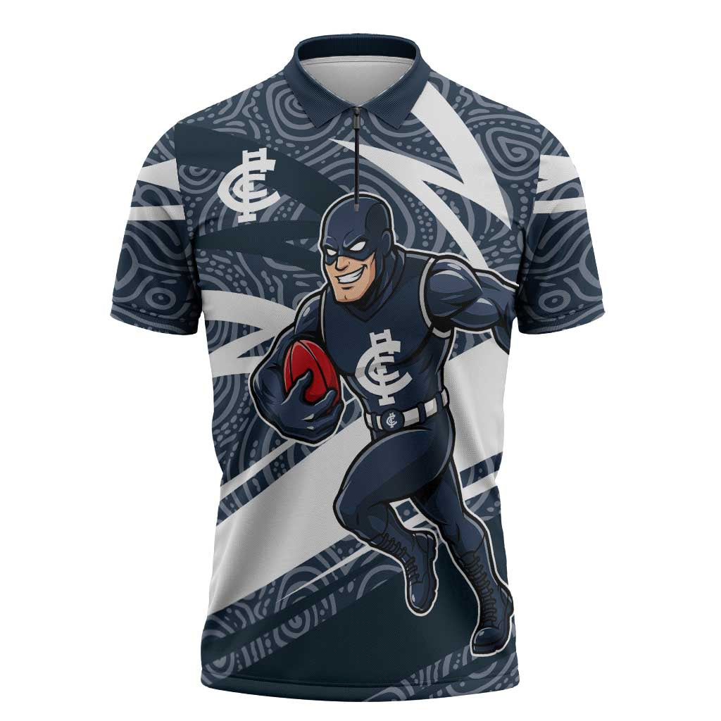 Carlton Blues Australian Football Zipper Polo Shirt Superhero Mascot With Indigenous Pattern Art
