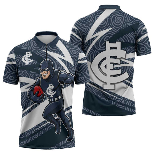 Carlton Blues Australian Football Zipper Polo Shirt Superhero Mascot With Indigenous Pattern Art