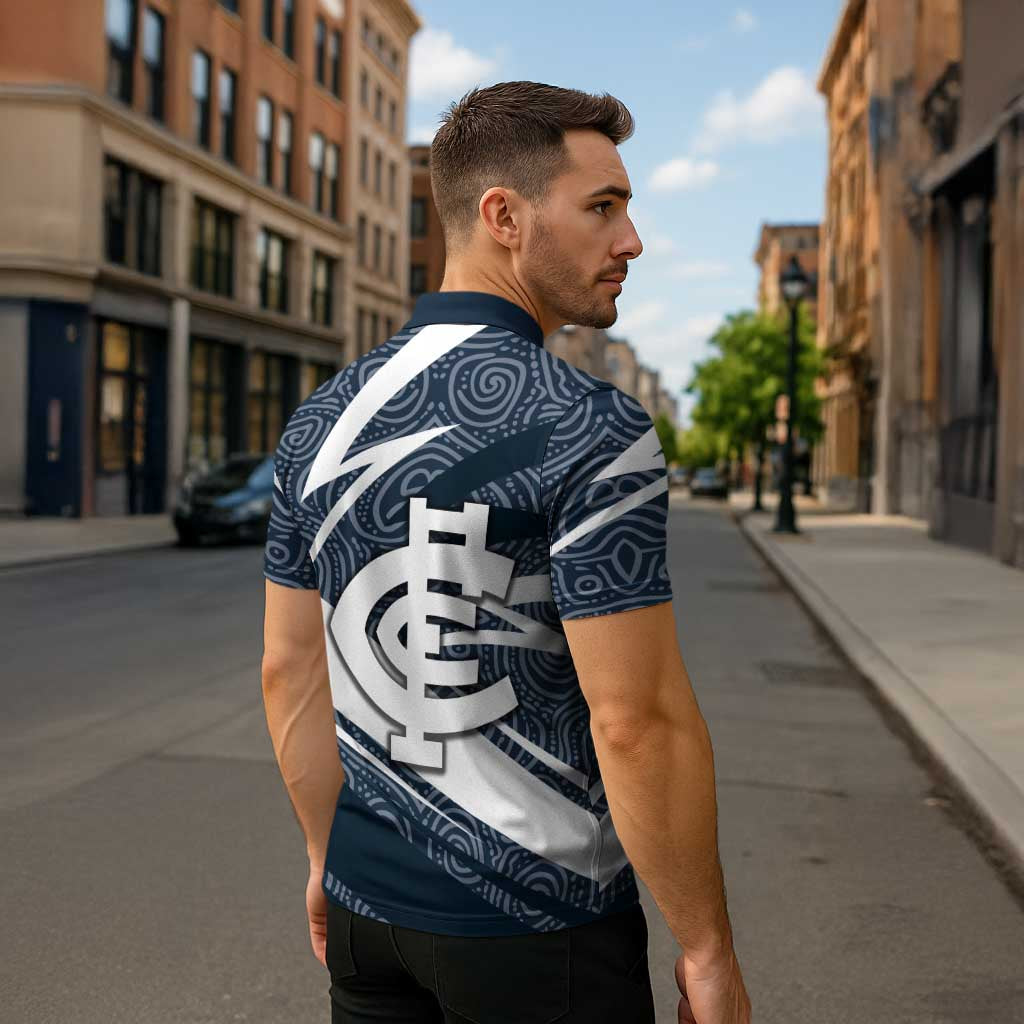 Carlton Blues Australian Football Zipper Polo Shirt Superhero Mascot With Indigenous Pattern Art