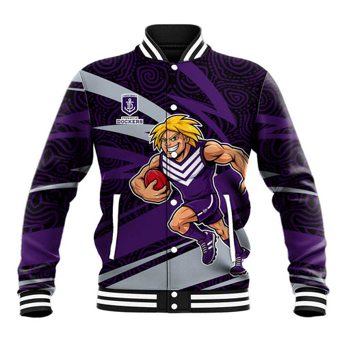 Fremantle Dockers Australian Football Baseball Jacket Athletic Hero Mascot With Indigenous Pattern Art