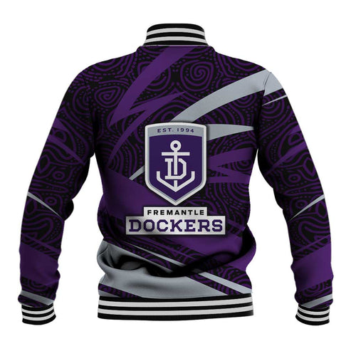 Fremantle Dockers Australian Football Baseball Jacket Athletic Hero Mascot With Indigenous Pattern Art