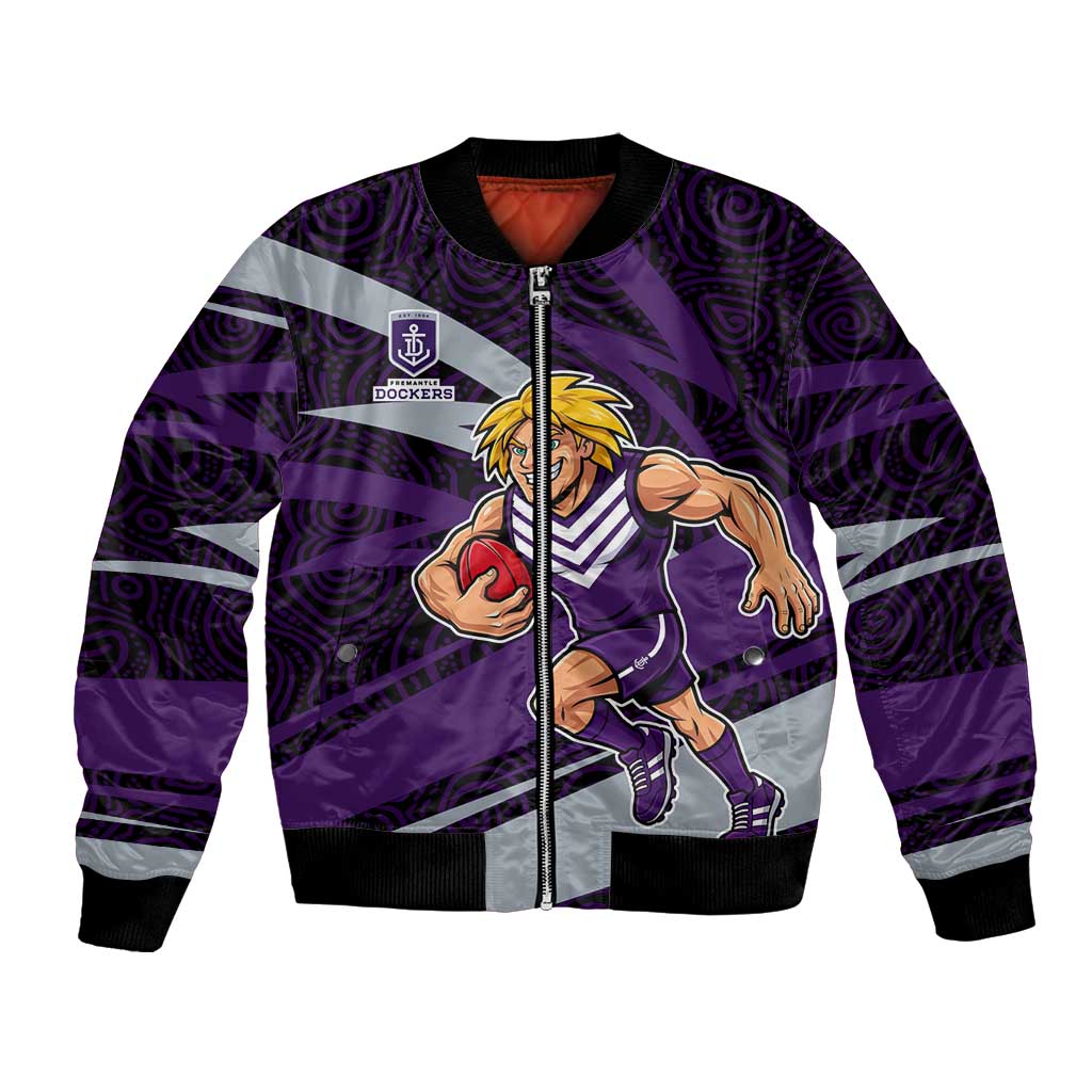 Fremantle Dockers Australian Football Bomber Jacket Athletic Hero Mascot With Indigenous Pattern Art