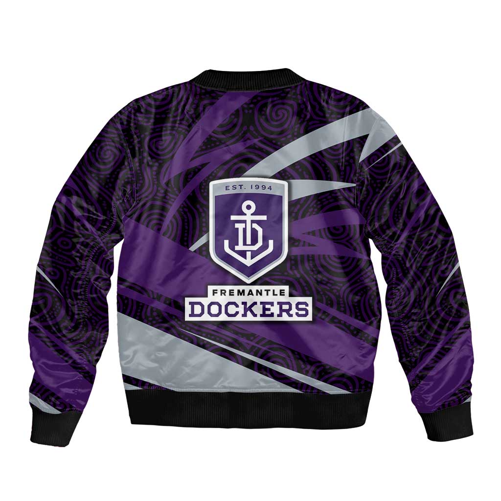 Fremantle Dockers Australian Football Bomber Jacket Athletic Hero Mascot With Indigenous Pattern Art