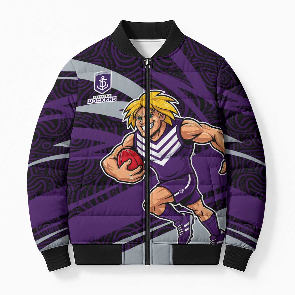 Fremantle Dockers Australian Football Bomber Puffer Jacket Athletic Hero Mascot With Indigenous Pattern Art
