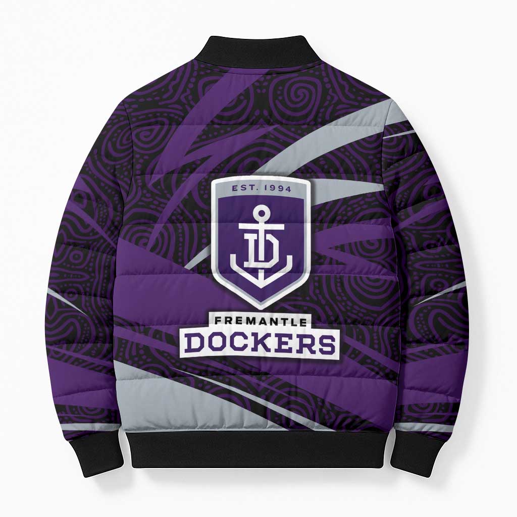 Fremantle Dockers Australian Football Bomber Puffer Jacket Athletic Hero Mascot With Indigenous Pattern Art