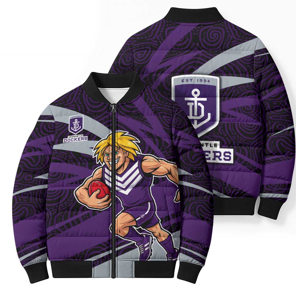 Fremantle Dockers Australian Football Bomber Puffer Jacket Athletic Hero Mascot With Indigenous Pattern Art