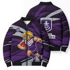 Fremantle Dockers Australian Football Bomber Puffer Jacket Athletic Hero Mascot With Indigenous Pattern Art