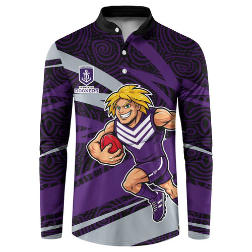 Fremantle Dockers Australian Football Button Sweatshirt Athletic Hero Mascot With Indigenous Pattern Art